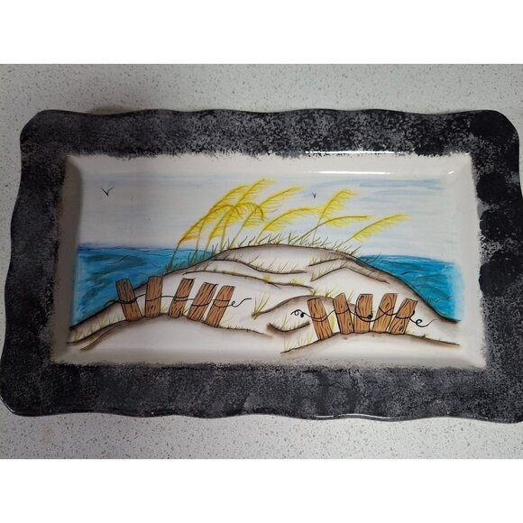 Handpainted Ceramic Rectangular Tray By Valerie Santana 2018 Coastal Dune - Picture 1 of 6
